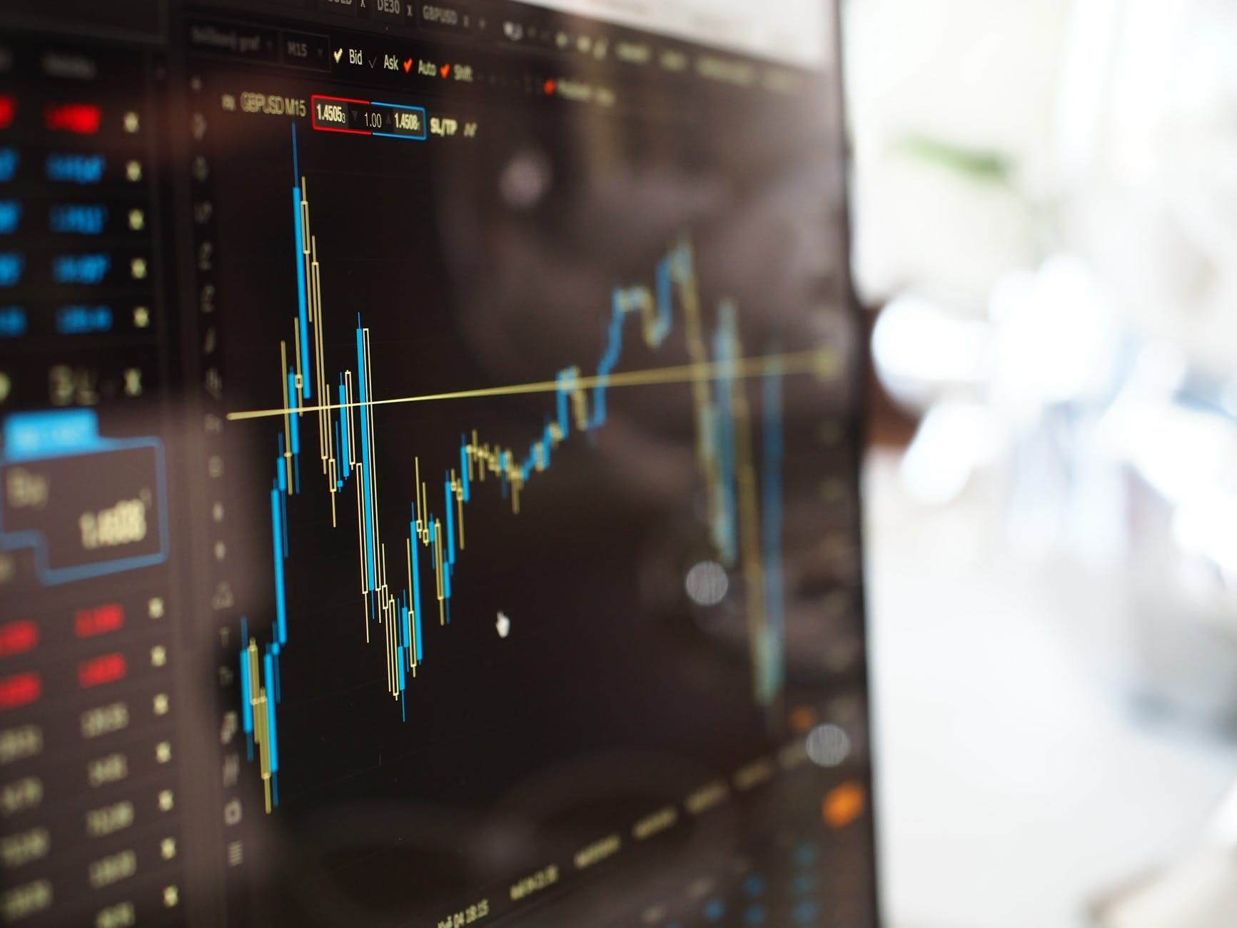 blue and yellow graph on stock market monitor, smart money bro